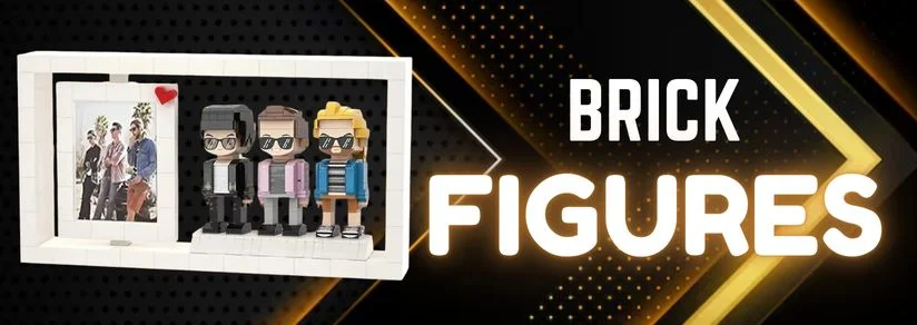 White frame holding a photo with several LEGO-style brick figures in front, set against a dark dotted background and bold 'BRICK FIGURES' text on the right.