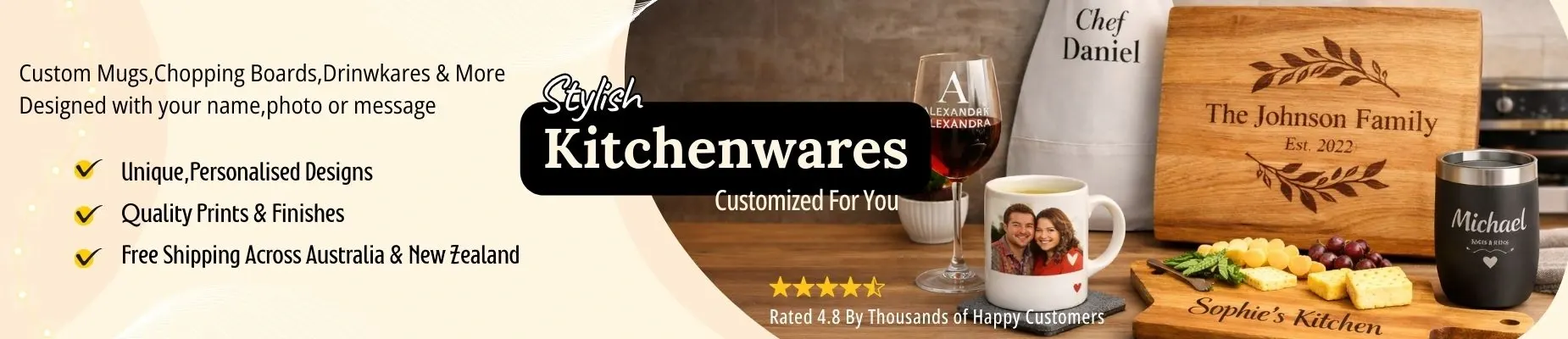 Advertisement banner for Stylish Kitchenwares offering personalized mugs, boards and drinkware with names and photos, on a cream and wooden backdrop with a central logo panel.