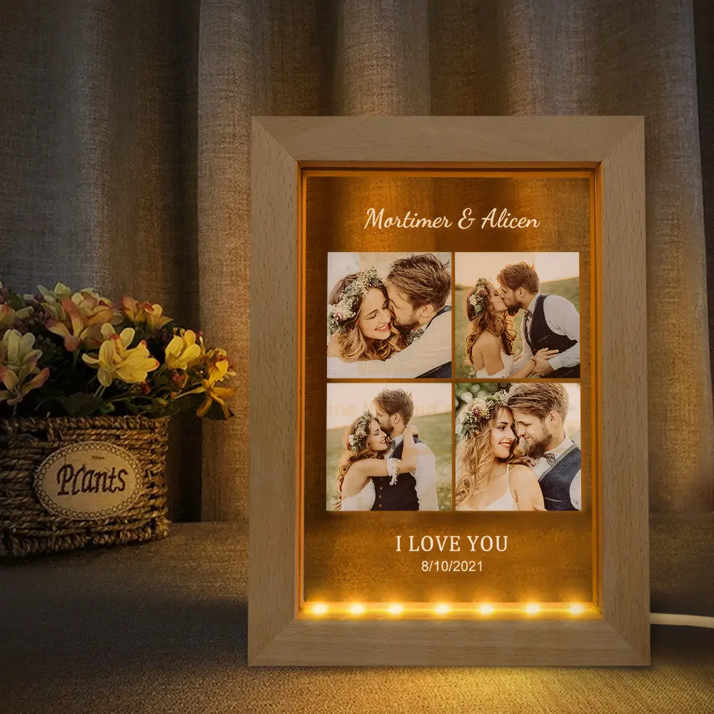 Wooden-framed photo collage of a couple with 'Mortimer & Alicen' and 'I LOVE YOU 8/10/2021' lit by warm LEDs.