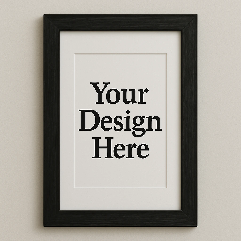 Framed white print reading 'Your Design Here' in black serif letters on a light wall.