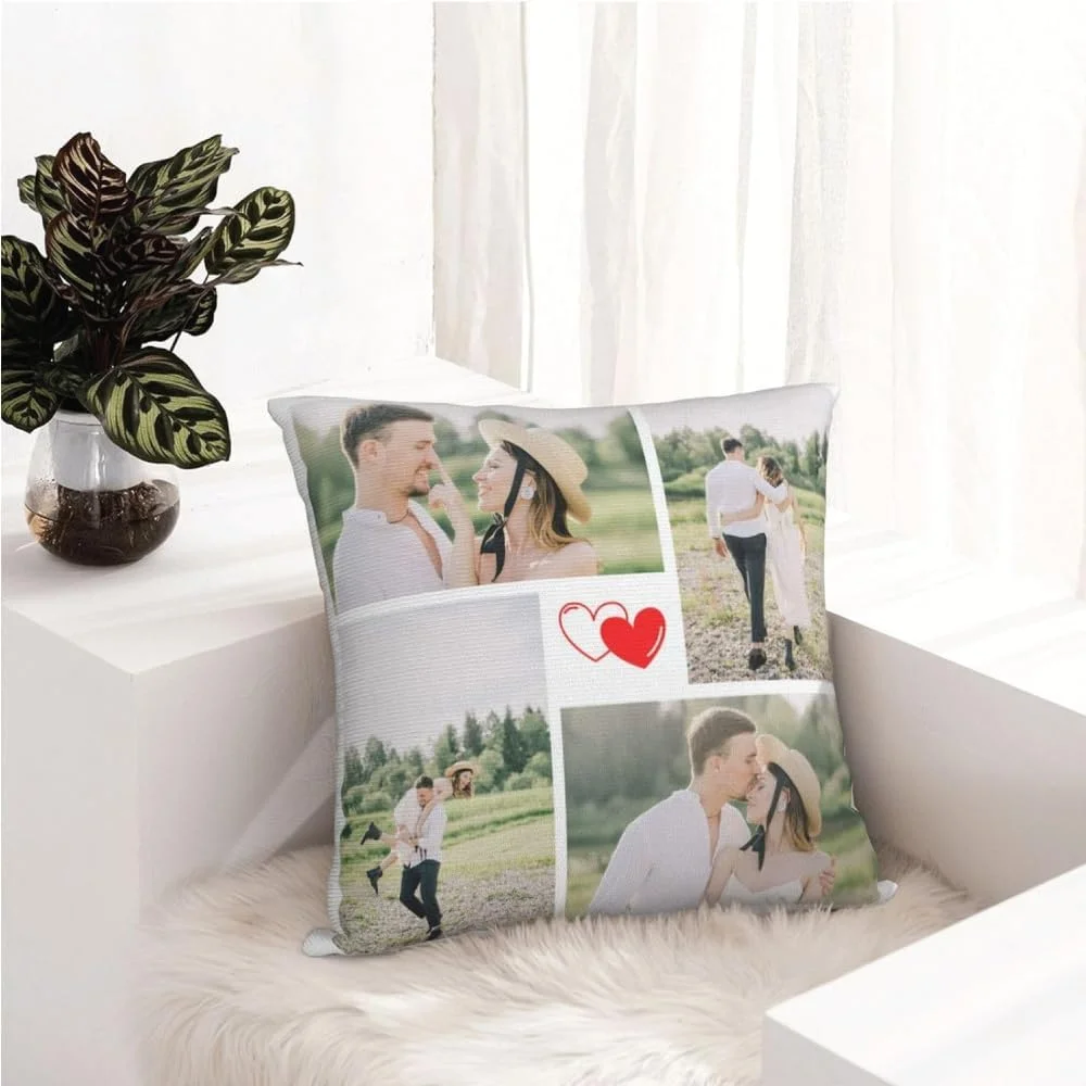 Decorative cushion featuring a four-photo collage of a couple with a red heart icon, placed on a white windowsill beside a plant.