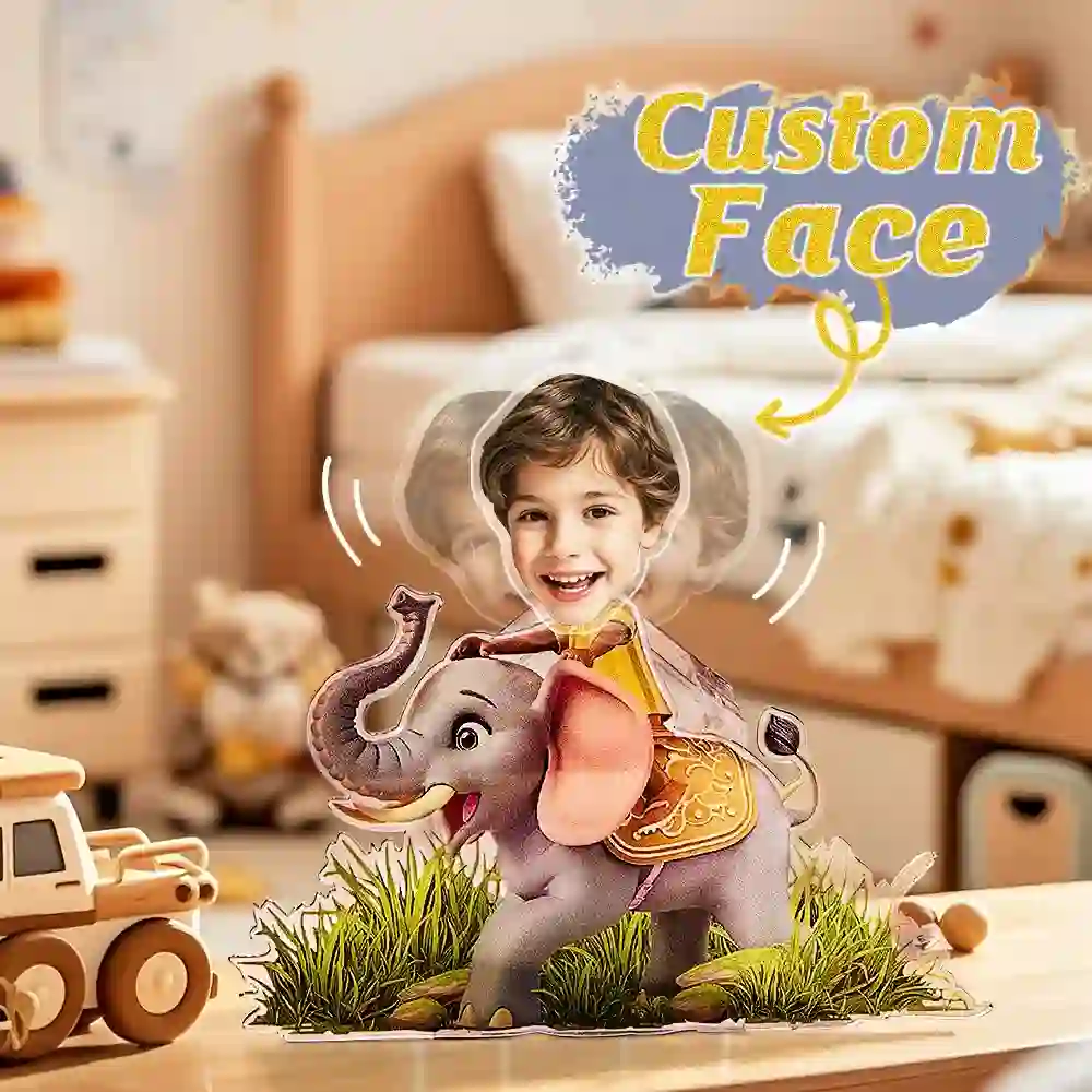 Young child sits atop a cartoon elephant cutout with a customizable-face feature, in a cozy playroom.