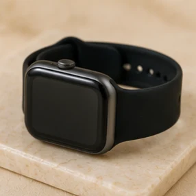 Black smartwatch with square display and black silicone band resting on a light beige surface.