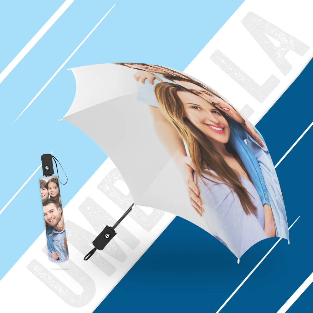 Promotional image of a personalized umbrella with a curved white canopy showing a smiling photo, set against a blue diagonal background with a matching photo keychain.