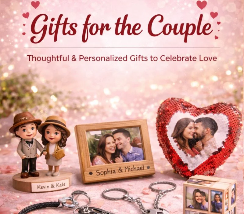 Gifts for the Couple: pink sparkly background with heart accents and romantic keepsakes like couple figurines, a framed photo labeled Sophia & Michael, a heart-shaped sequined memento, and personalized keychains.