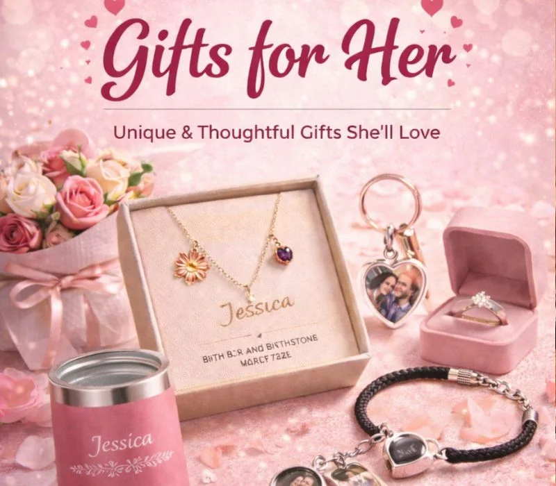 Pink gift display with jewelry: necklaces, ring, bracelet, and a heart-themed keychain on a pink background.