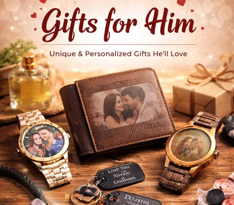 Promotional banner reading 'Gifts for Him' with a leather photo wallet, two watches, and gift boxes on a wooden table.