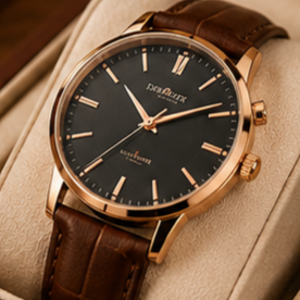 Rose gold-tone wristwatch with a black dial, slim baton markers, and a brown leather strap resting on a beige cushion.