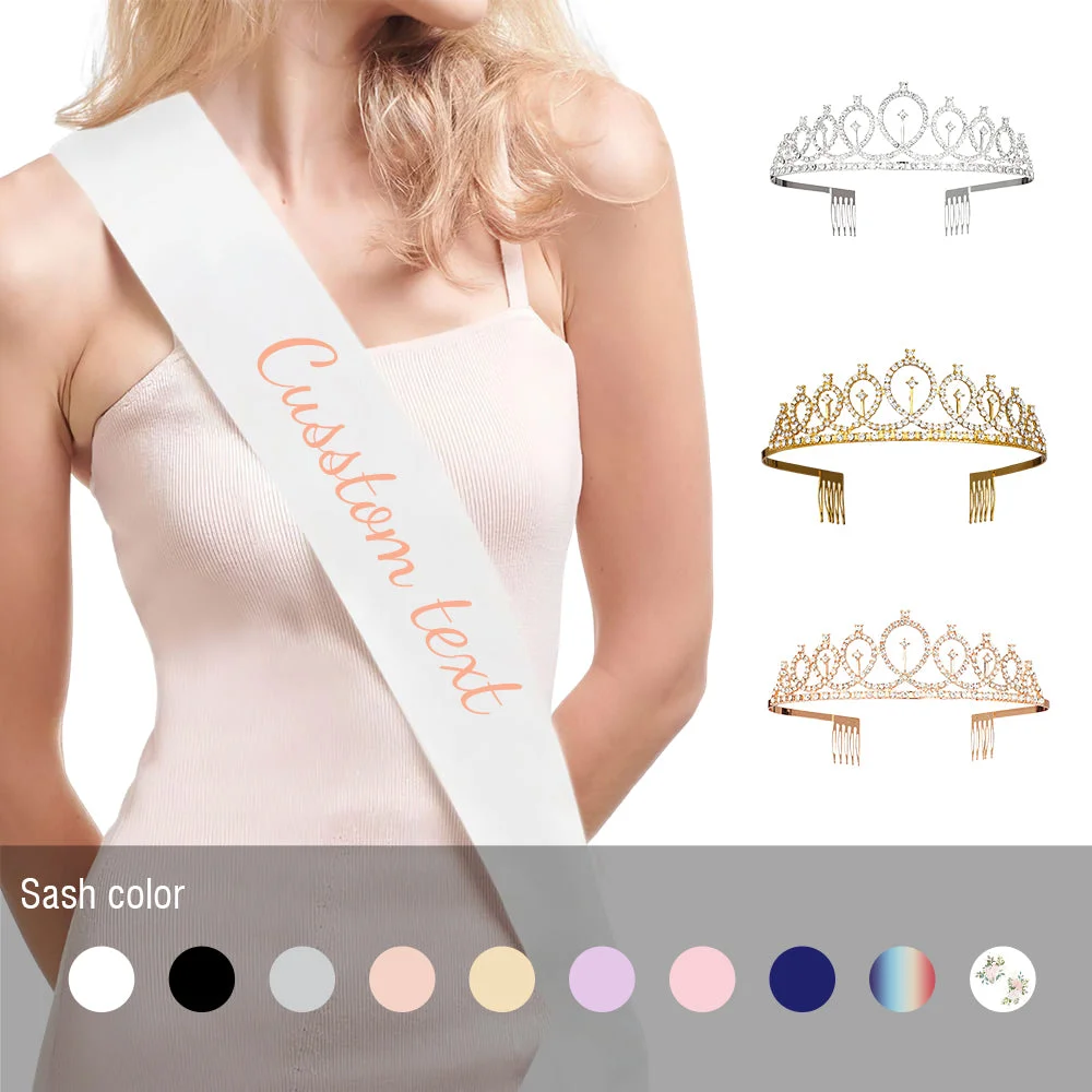 Custom sash with editable text worn by a model, plus sparkly tiaras and color swatches for sash options on the side.