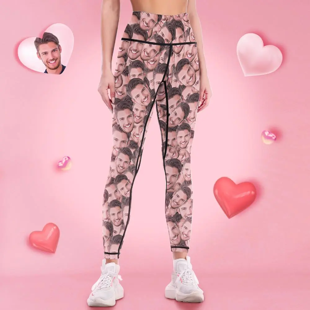 Leggings covered in repeated smiling man’s headshots against a pink backdrop with heart decorations.