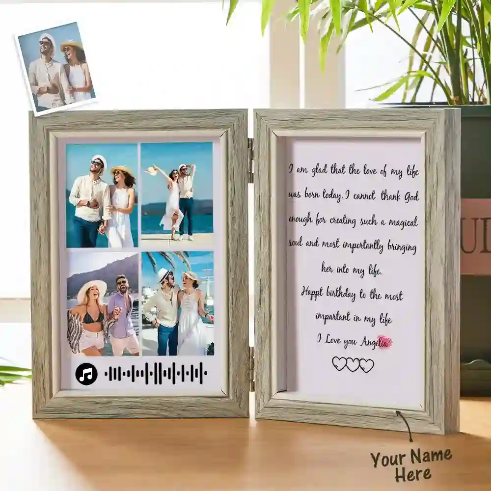 Hinged wooden frame with a four-photo collage on the left and a handwritten love-note on the right; ‘Your Name Here’ at the bottom corner.
