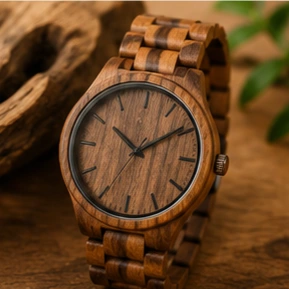 Wooden wristwatch with a brown grain dial and matching linked band on a wooden surface.