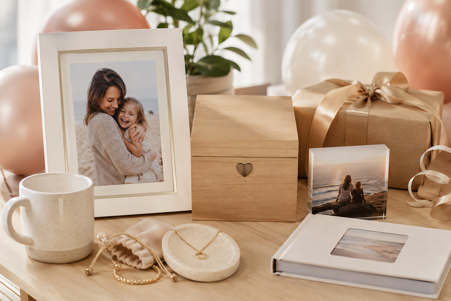 Framed portrait of a mother hugging her daughter on a beach, with gifts and decor around them on a table.