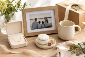 A selection of personalised gifts for mum including a name necklace and a family photo frame