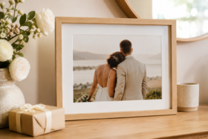 custom-framed-photo-print-first-wedding-anniversary - Personalized Gifts For All Occasions Gift Supplier A custom framed photo print marking a couple's first wedding anniversary