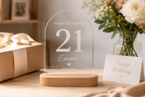 A personalised 21st birthday keepsake engraved with a name and the date