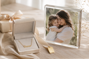 A selection of personalised gifts for her including a name necklace and photo keepsake