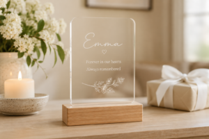 A personalised in memory keepsake engraved with a name, offering quiet comfort