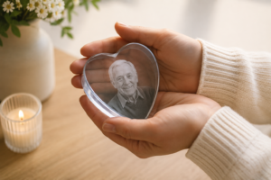 A remembrance photo keepsake honouring a loved one, held in both hands