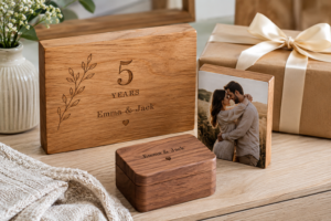 Personalised wood-theme fifth anniversary gifts including an engraved wooden keepsake