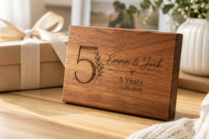 An engraved wooden keepsake marking a couple's fifth wedding anniversary