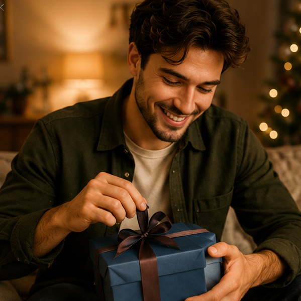 Man smiling while untying the brown ribbon on a blue gift box in a cozy, festive living room.