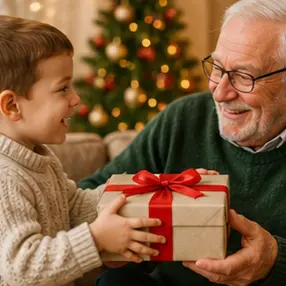 Grandfather and young boy share a smile as the boy hands him a wrapped Christmas gift in a cozy living room with a decorated Christmas tree.