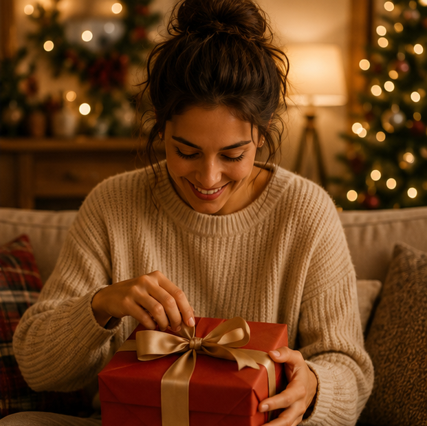 Woman in a cozy sweater sits on a sofa, smiling as she unties a red gift box with a gold ribbon by a warmly lit Christmas tree.