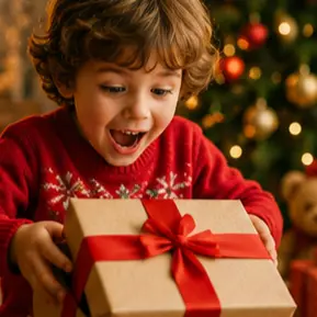 Young child in a red sweater smiles with wide eyes while holding a wrapped gift with a red ribbon in front of a Christmas tree. (informative)