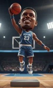 Cartoon basketball player in blue jersey number 23 jumps toward the hoop in a stadium under bright arena lights.