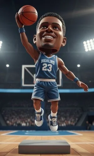 Cartoon basketball player in blue jersey number 23 jumps toward the hoop in a stadium under bright arena lights.