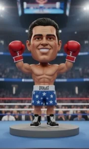 Bobblehead-style boxer figurine in a boxing ring, arms raised in victory, wearing red gloves, blue star-spangled shorts with Everlast, black sneakers on a pedestal.
