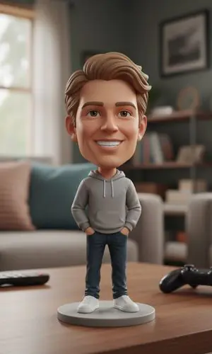 3D bobblehead-style figurine of a smiling man in a gray hoodie and jeans, standing on a round base on a coffee table in a living room.