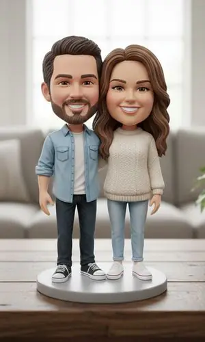 Cartoon-style couple bobblehead figurines standing on a round base on a wooden table, smiling at the camera.