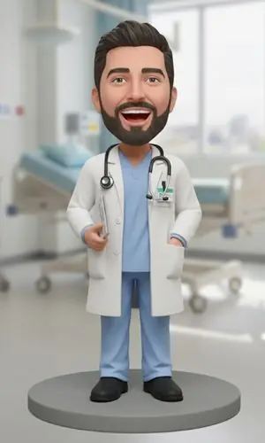 Smiling cartoon doctor with a stethoscope, white coat and blue scrubs, standing on a circular pedestal in a hospital setting.