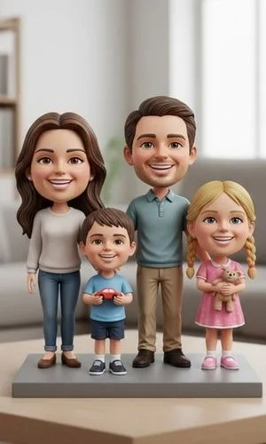 3D family figurine: mom, dad, son, and daughter standing together on a display base in a living room setting.