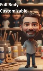 Full-body customizable 3D avatar figure standing in a craft studio.
