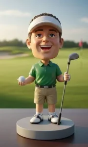 Cheerful miniature golfer figurine wearing a white visor, green polo, and khaki shorts, holding a golf club and a golf ball on a round pedestal with a green putting surface in the background.
