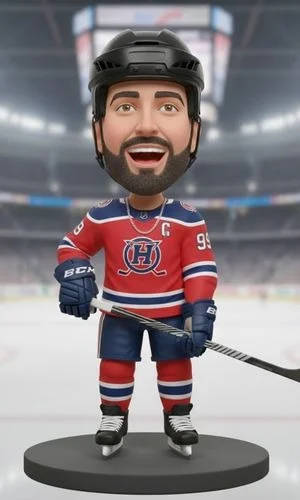 Cartoon hockey player bobblehead in a red jersey with helmet, holding a hockey stick on a rink pedestal.