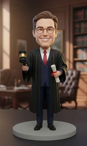 Bobblehead figure of a smiling judge in a black robe, holding a gavel and a diploma, standing on a gray base in a bookshelf-lined office.