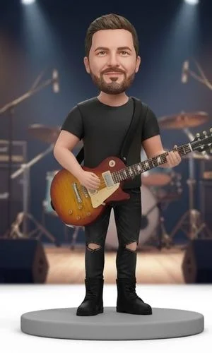 Cartoon guitarist figurine on stage, wearing black tee and ripped jeans, playing a sunburst electric guitar.