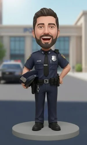Cartoon police officer figurine standing on a round pedestal outside a building, smiling with helmet tucked at his belt.