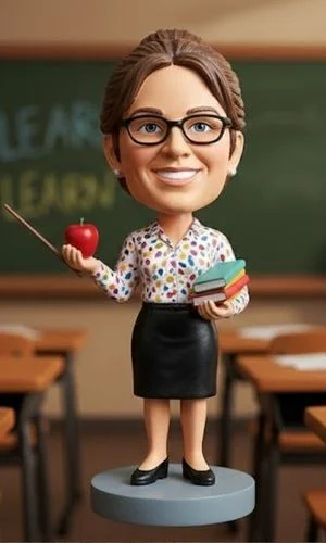 Bobblehead teacher wearing glasses holds an apple and books on a classroom desk.