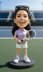 Cartoon woman tennis player standing on a court, smiling, holding a racket on a pedestal.