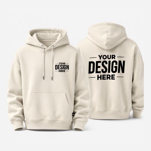 Beige hoodie mockups showing 'Your Design Here' on the front pocket area and the back of the hoodie, indicating customization.