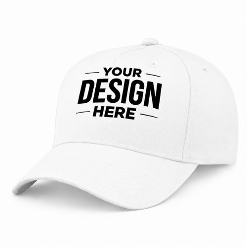 White baseball cap with bold black text reading 'YOUR DESIGN HERE' on the front panel.