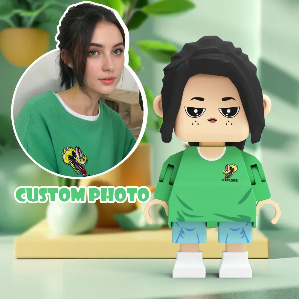 Circular inset portrait of a woman in a green sweater next to a green-clad toy figure, illustrating a custom photo toy.