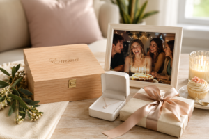 Personalised 18th birthday gift display with engraved keepsake box, photo frame, jewellery and wrapped gift.