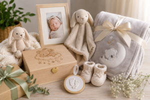 personalised-baby-keepsake-gifts-newborn-shower-christening - Personalized Gifts For All Occasions Gift Supplier Personalised baby gift display with keepsake box, baby photo frame, blanket, booties, plush toys and milestone ornament.