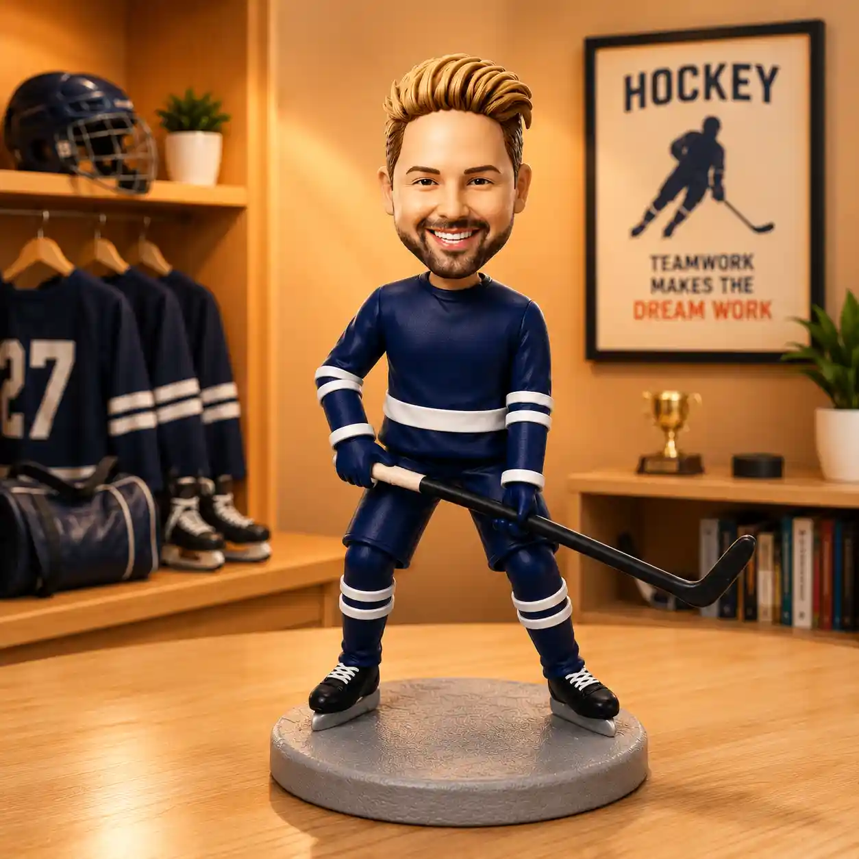Bobblehead hockey player in a navy uniform posed with a stick on a round pedestal in a locker-room setting.